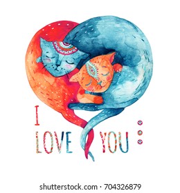 Watercolor pair lovely cats isolated white background  I love you    concept in cartoon style  Two hugging cats in form heart  Hand painted cute animal illustration
