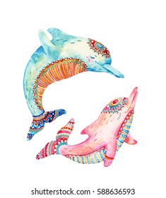 Watercolor pair of lovely dolphins isolated on white background. Dolphin leaps out. Hand painted cute animal illustration