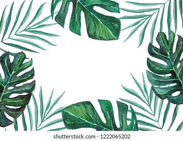 Watercolor palm leaves and monstera leaves frame isolated on white. Concept for poster, card, invitation, advertisement, stationery design. Perfect for tropical themed wedding, bridal shower, party - Powered by Shutterstock