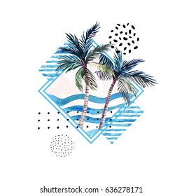 Watercolor Palm Tree Print In Geometric Shape With Memphis Elements Isolated On White Background. Hand Painted Summer Illustration For T-shirt Design Etc.