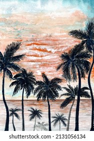 Watercolor palm trees silhouette and sunset landscape of tropical beach at sunset.  scenery of paradise island for print, poster, placard or post card design. Tourist souvenir from summer vacation. 