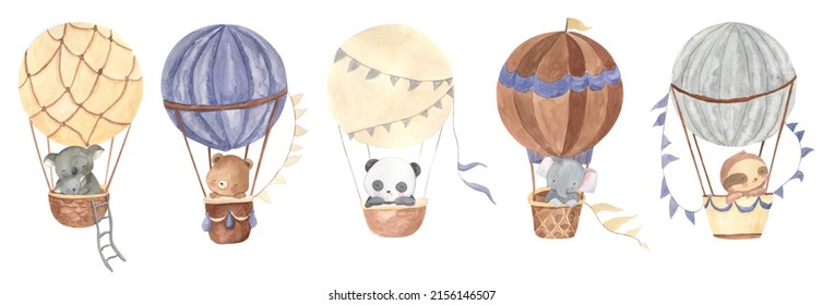 Watercolor Panda, Koala, Sloth, Bear, Elephant On Hot Air Balloon Illustration For Kids