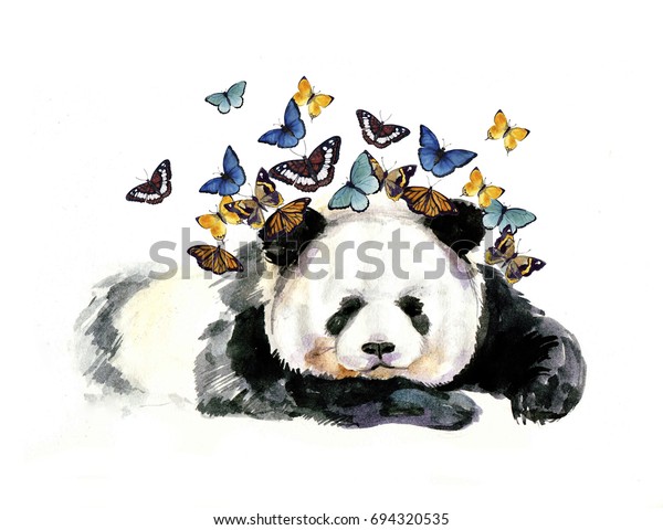白い背景に蝶々と水色のパンダ のイラスト素材