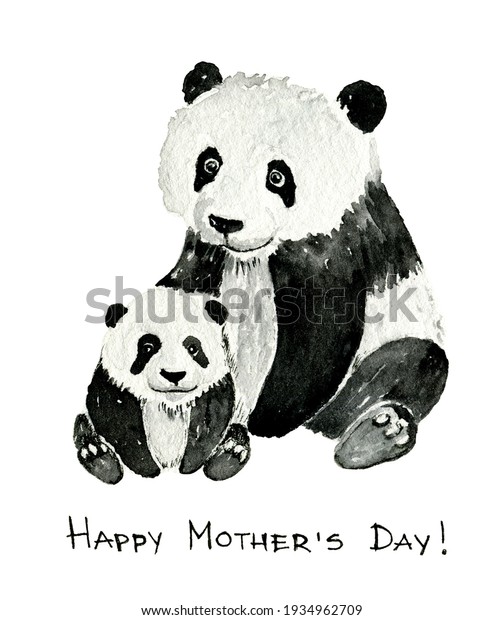 Watercolor panda painting, mom and baby hand\
drawn illustration for mother\'s day decoration. Happy mother\'s day\
greeting card template isolated on\
white