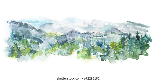Watercolor Panorama Of The Mountains And The Forest. Watercolor Tree Landscape