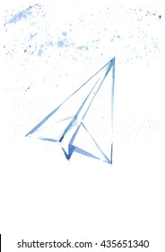 Watercolor Paper Plane With Blue Paint Drops. 