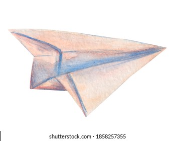 Watercolor Paper Plane Icon On White Background. Vintage Illustration, Blue And Peach Origami.