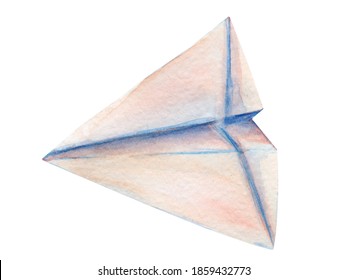 Watercolor Paper Plane Icon On White Background. Vintage Illustration, Blue And Peach Origami.