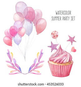 Watercolor party set: air balloons, floral elements, cupcake. Hand drawn pink cream dessert with decorative elements, greeting decor isolated on white background. Artistic illustration