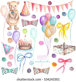 Watercolor Party Set In The Form Of Isolated Elements: Garland Of The Flags, Confetti, Cake, Air Balloons, Arrow, Bows And Gifts; Hand Painted On A White Background