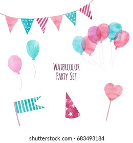 Watercolor Party Set Illustration. Balloons Flags Heart Party Hat Cone Hand Drawn Isolated Elements Decorative Design For Greeting Card 