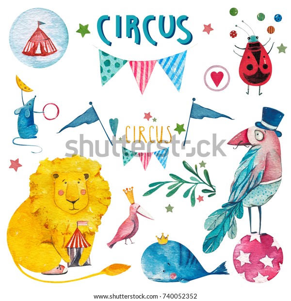 Watercolor party set. Lion, Mouse, Bird, heart, flags, branches. Circus magic collection. Cute baby illustration isolated on white background. Birthday, children's party, magic, children's wallpaper.