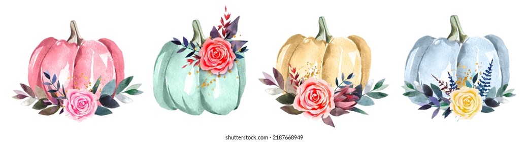 Watercolor pastel pumpkins   flowers illustration set