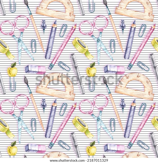 Watercolor pattern back to school with stationery\
for decorating notebooks, postcards, packaging, patterns, etc. Back\
to school
