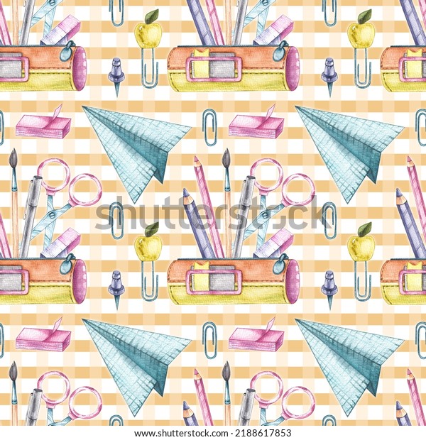 Watercolor pattern back to school with stationery\
for decorating notebooks, postcards, packaging, patterns, etc. Back\
to school