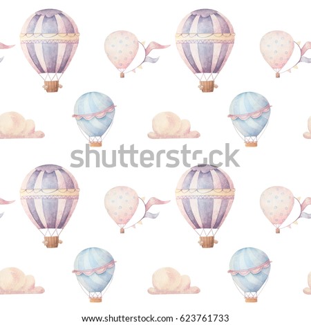 Watercolor pattern with balloons and clouds