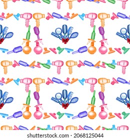 Watercolor Pattern With Barber Tools .White Background.