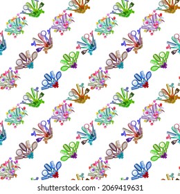 Watercolor Pattern With Barber Tools .White Background.