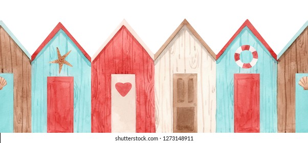 Watercolor Pattern Of Beach Retro House, Red, Blue And White House.  Horizontal Elongated Pattern