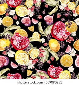 Watercolor Pattern With Berries, Currant, Blackberry, Raspberry. Tropical Fruit Lemon, Orange, Pomegranate, Fig. Illustration.