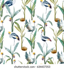 Watercolor pattern with birds. African Crowned Crane. White Crane. stork and gray heron. wallpaper with birds. Tropical pattern with coconut palm, banana palm