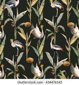 Watercolor pattern with birds. African Crowned Crane. White Crane. stork and gray heron. wallpaper with birds. Tropical pattern with coconut palm, banana palm. Retro colors