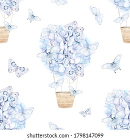 Watercolor pattern and blue aerostat balloon flowers   butterfly  Watercolor hydrangea  Floral print white background  Hand drawn illustration