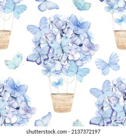 Watercolor pattern with blue aerostat balloon flowers and butterfly. Watercolor hydrangea. Floral print on white background. Hand drawn illustration