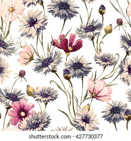 watercolor pattern blue cornflower, pink flower kosmeya, retro wallpaper स्टॉक इलस्ट्रेशन