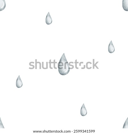 Watercolor pattern blue raindrops falling, flying. Seamless geometric print. Hand-drawn illustration isolated on white background for textile design, fabric, packaging, clothes, wallpaper, printing