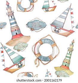 A Watercolor Pattern, A Border From A Marine Set. A Lifebuoy, A Boat, An Anchor, A Lighthouse, A Rope And An Octopus. Suitable For Interior Postcards, Children's Parties, Fabrics, Wallpaper.