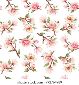 Watercolor Pattern  Of A Branch With Flowers Pink Magnolia Flower Spring Card