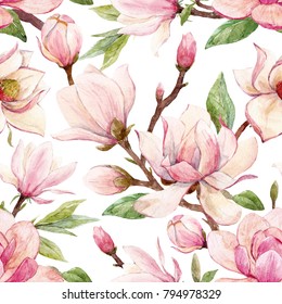 Watercolor Pattern  Of A Branch With Flowers Pink Magnolia Flower Spring Card. 