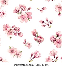 Watercolor pattern branches with Sakura flowers, cherry blossoms. Women's Day