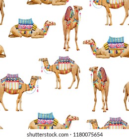 Watercolor pattern with a camel, camel with decoration, Arabic print
