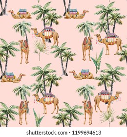 Watercolor pattern, camel with palm trees, tropical pattern with animals. pink background