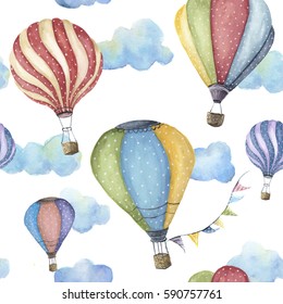 Watercolor pattern and cartoon hot air balloon  Transport ornament and flag garlands   clouds isolated white background