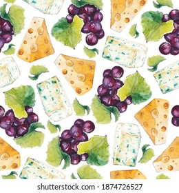 Watercolor pattern with cheese and red grapes on a white background