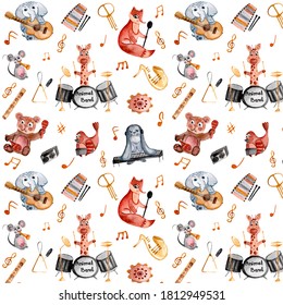 
Watercolor Pattern With Cute Animals And Musical Instruments