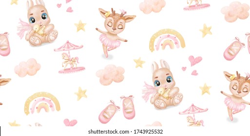 Watercolor pattern with cute baby animals for girls. deer, rabbit, rainbow, carousel, clouds, baby clothing. Texture for wallpaper, packaging, scrapbooking, textiles, fabrics, children's clothing - Powered by Shutterstock