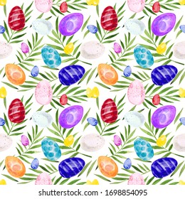 Watercolor pattern of Easter hunt. Hand painted eggs and leaf branches.