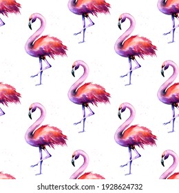 watercolor pattern with flamingos with splashes on a white background