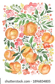 acuarela con un patrón floral de hojas, bayas, plantas y melocotón.
Peach, patrón de albaricoque con frutos tropicales, hojas, fondo de flores. logotipo, etiqueta adhesiva, ilustración