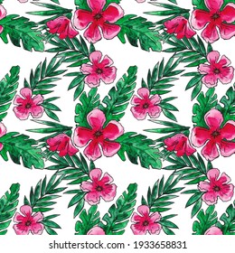 watercolor pattern with flowers, orchids and palm leaves