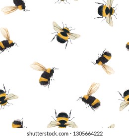 Watercolor Pattern With Flying Bumblebee, Bee On A White Background