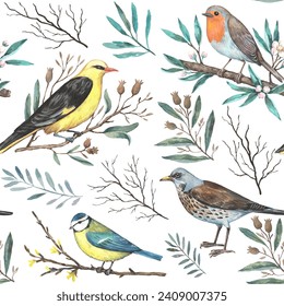 Watercolor pattern with garden spring birds on blooming branches. Hand-drawn print in retro style for design and textile. - Powered by Shutterstock