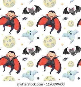 watercolor pattern Halloween by DRACULA  moon  bat  SPIDER    ghost