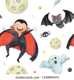 watercolor pattern happy Halloween by DRACULA  moon  bat  SPIDER    ghost