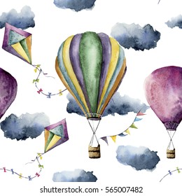 Watercolor pattern with hot air balloon and kite. Hand drawn vintage kite, air balloons with flags garlands, clouds and retro design. Illustrations isolated on white background.