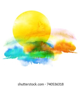 Watercolor pattern, illustration on white isolated background. Sunset, dawn, yellow sun on a yellow, orange, blue sky with clouds.Vintage illustration.
Watercolor beautiful background.